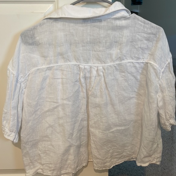 100% linen white crop short sleeve button up - Picture 3 of 3